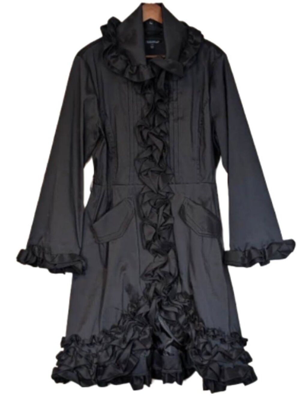 Samuel Dong Black Ruffle Trench Coat Dress Belted Full Zip Size L